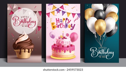 Happy birthday vector poster set design. Birthday invitation and greeting card with ice cream, cake, balloons and streamers elements for wedding party bundle collection. Vector illustration birthday 