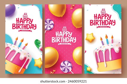 Happy birthday vector poster set design. Birthday greeting text with cake, balloons and lollipop decoration elements for occasion background collection. Vector illustration greeting postcard. 
