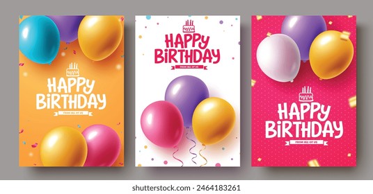 Happy birthday vector poster set design. Birthday greeting text with balloons elements decoration for postcard lay out collection. Vector illustration birthday poster design. 
