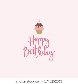 Happy birthday vector print with cupcake and candle. Postcard