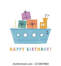 Frohe Geburtstagsgeschichte - Vektorgrafik. süßes Schiff, das Geschenke an die Partei liefert