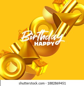 Happy Birthday vector realistic illustraton. Happy greeting card present postcard, Banner festive background. Happy anniversary party. Realistic decorative design elements.
