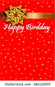 Happy birthday vector red card with golden bow. Frying paper