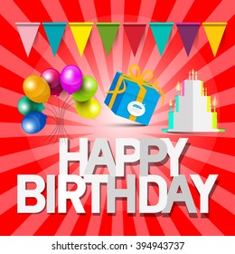 Happy Birthday Vector Retro Red Card with Balloons - Gift Box - Flags and Paper Cut Cake