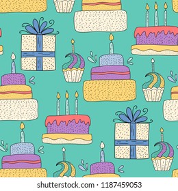 Happy birthday vector seamless pattern. Cute greeting illustration with doodle party sweets and cakes.