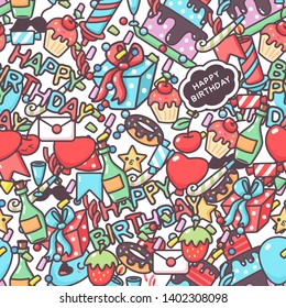 Happy birthday vector seamless pattern with cartoon doodle elements. Background for wallpaper, wrapping, packing and backdrop.