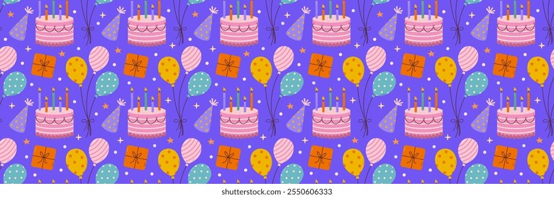 Happy Birthday Vektor nahtlose Muster. Verschiedene Partyobjekte, bunte Urlaubsartikel, Geschenk, Kuchen, Ballon