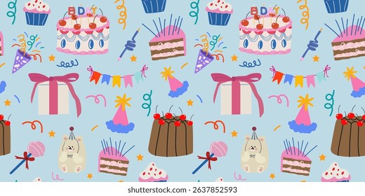 Happy Birthday vector seamless pattern for fabric, wrapping paper, wallpaper, textile print. Vintage cakes, cupcakes, gifts, candles, confetti. Birthday background in cartoon retro style