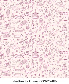 Happy Birthday. Vector seamless pattern of Hand drawn Birthday Party elements. Celebratory attributes background.