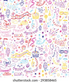 Happy Birthday. Vector seamless pattern of Hand drawn Birthday Party elements. Colorful Celebratory attributes background. Hand Drawn Doodles background
