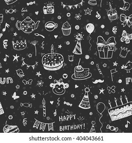 Happy Birthday Vector Seamless Pattern. Doodle Chalk Drawing Background