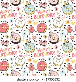 Happy Birthday. Vector seamless pattern with donuts.