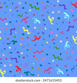 Happy birthday vector seamless repeat pattern with rainbow colorful confetti on bright blue background. Gender neutral and boys birthday party wrapping paper, cards, gift bags, kids packaging projects