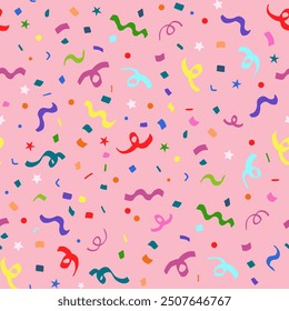 Happy birthday vector seamless repeat pattern with rainbow colorful confetti on pink background. Girls birthday party wrapping paper, cards, gift bags, kids packaging projects, wallpaper