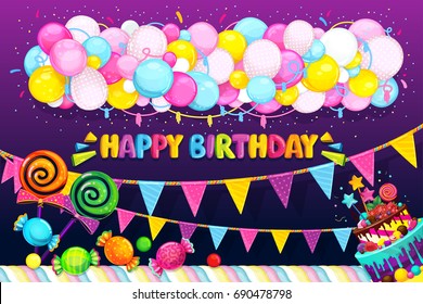 Happy Birthday vector set. Balloons, flags, candy and cake