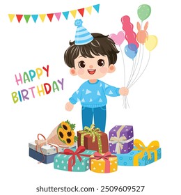 Happy birthday vector set. Boy on birthday with birthday gift, party hat, balloons and lovely dog. Cute little kid on birthday party. Flat vector in cartoon style isolated on white background