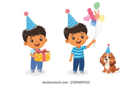 Happy birthday vector set. Boy on birthday with birthday gift, party hat, balloons and lovely dog. Cute little kid on birthday party. Flat vector in cartoon style isolated on white background