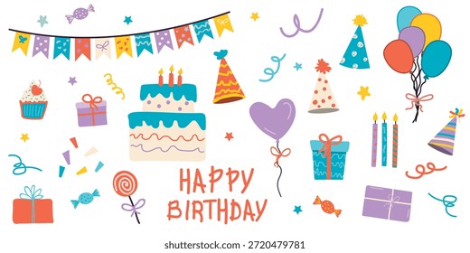 Happy Birthday Vector Set with Cake, Gifts, Balloons and Party Icons on transparent Background 