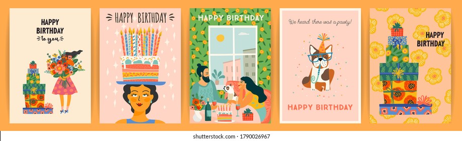 Happy Birthday. Vector set of cute illustrations. Design templates for card, poster, flyer, banner and other use