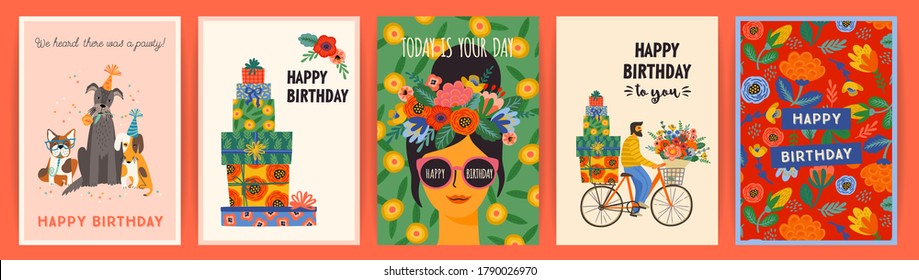 Happy Birthday. Vector set of cute illustrations. Design templates for card, poster, flyer, banner and other use