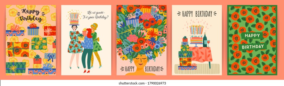 Happy Birthday. Vector set of cute illustrations. Design templates for card, poster, flyer, banner and other use