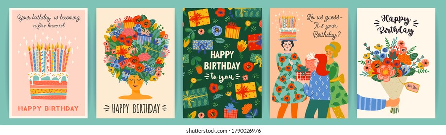 Happy Birthday. Vector set of cute illustrations. Design templates for card, poster, flyer, banner and other use