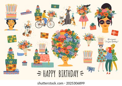 Happy Birthday. Vector set of cute illustrations. Bright compositions for card, poster, flyer, banner and other use