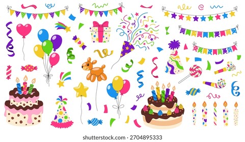 Vector de feliz cumpleaños. Globos festivos, poppers de fiesta, pasteles y dulces, serpentinas y velas, silbatos y sombreros de fiesta, y guirnaldas de banderas. Elementos para saludos e invitaciones de fiesta.