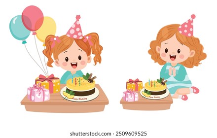 Happy birthday vector set. Girl on birthday with birthday cake, party hat, balloons and flowers. Cute little kid on birthday party. Flat vector in cartoon style isolated on white background