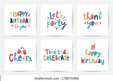 happy birthday, vector set of greeting cards with bright colorful lettering in scandinavian style