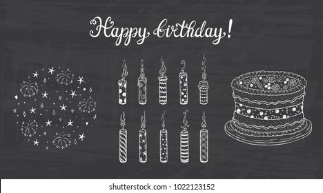 Happy Birthday Vector Set. Hand Drawn Doodle Firework, Burning Patterned Candles, Birthday Cake with cream and berries, Calligraphic Lettering