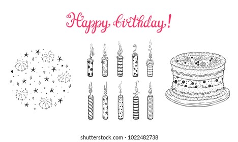 Happy Birthday Vector Set. Hand Drawn Doodle Firework, Burning Patterned Candles, Birthday Cake with cream and berries, Calligraphic Lettering