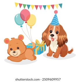 Happy birthday vector set. Little dog on birthday with birthday gift, party hat, balloons and flag. Flat vector in cartoon style isolated on white background