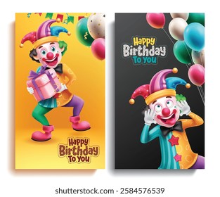 Happy birthday vector set poster design. Birthday invitation card with funny clown character for event and occasion layout collection. Vector illustration birthday party invitation card.
