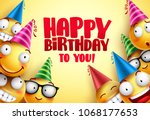 Happy birthday vector smileys greetings design with funny and happy yellow emoticons wearing colorful party hats in yellow background. Smileys vector illustration.
