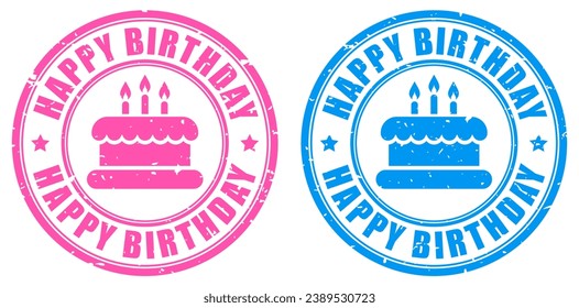 Happy birthday vector stamps set isolated on white background, pink and blue holiday symbols