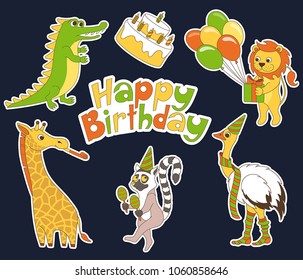 Happy birthday vector stickers set. Cildren's birthday stickers with cute african animals: giraffe, ostrich Emu, lion with ballons, crocodile, lemur with maraca. Set of birthday design elements.