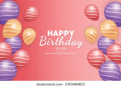 Happy birthday vector template background. Happy birthday greeting text in red board with golden red and purple balloons for birthday card decoration. 