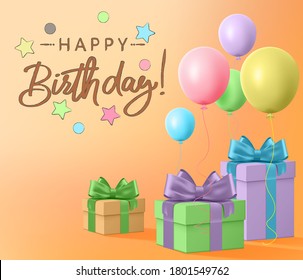 Happy birthday vector template design. Birthday greeting text with party elements like gifts and balloons for surprise party. Vector illustration