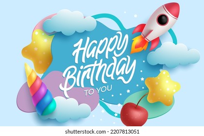 Happy birthday vector template design. Birthday greeting text in empty space with colorful party elements for kids celebration background. Vector Illustration.
