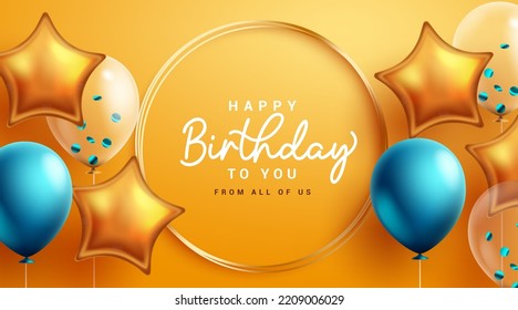 Happy birthday vector template design. Birthday text greeting card with party balloons elements in yellow empty space for typography. Vector Illustration. 