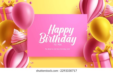 Happy birthday vector template design. Birthday greeting text in pink empty space with balloons, cup cake and gifts elements. Vector illustration invitation card background.