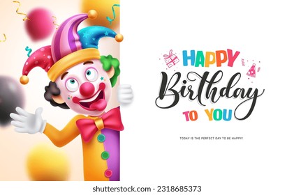 Happy birthday vector template design. Birthday text in white board with colorful funny clown character for party celebration. Vector illustration greeting card design.