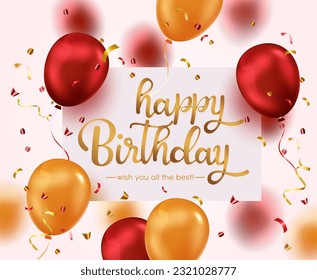 Happy birthday vector template design. Happy birthday greeting text with confetti, gold and red balloons party elements for birth day card decoration. Vector illustration.