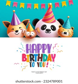 Happy birthday vector template design. Birthday emoticon animal characters with white board space for message dedication. Vector illustration invitation card. 