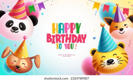 Happy birthday vector template design. Birthday animal emoticon characters with pennants and party hat party elements. Vector illustration holiday celebration background. 