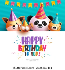 Happy birthday vector template design. Birthday emoticon animal characters with white board space for message dedication. Vector illustration invitation card. 