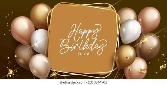 Happy birthday vector template design. Happy birthday text in gold board space with golden balloons and shiny confetti party elements for birth day greeting. Vector illustration.
