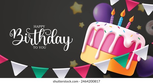 Happy birthday vector template design. Birthday greeting text with cake, candle, balloons and streamers decoration elements in black background. Vector illustration birthday greeting template.  
