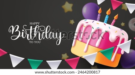 Happy birthday vector template design. Birthday greeting text with cake, candle, balloons and streamers decoration elements in black background. Vector illustration birthday greeting template.  
